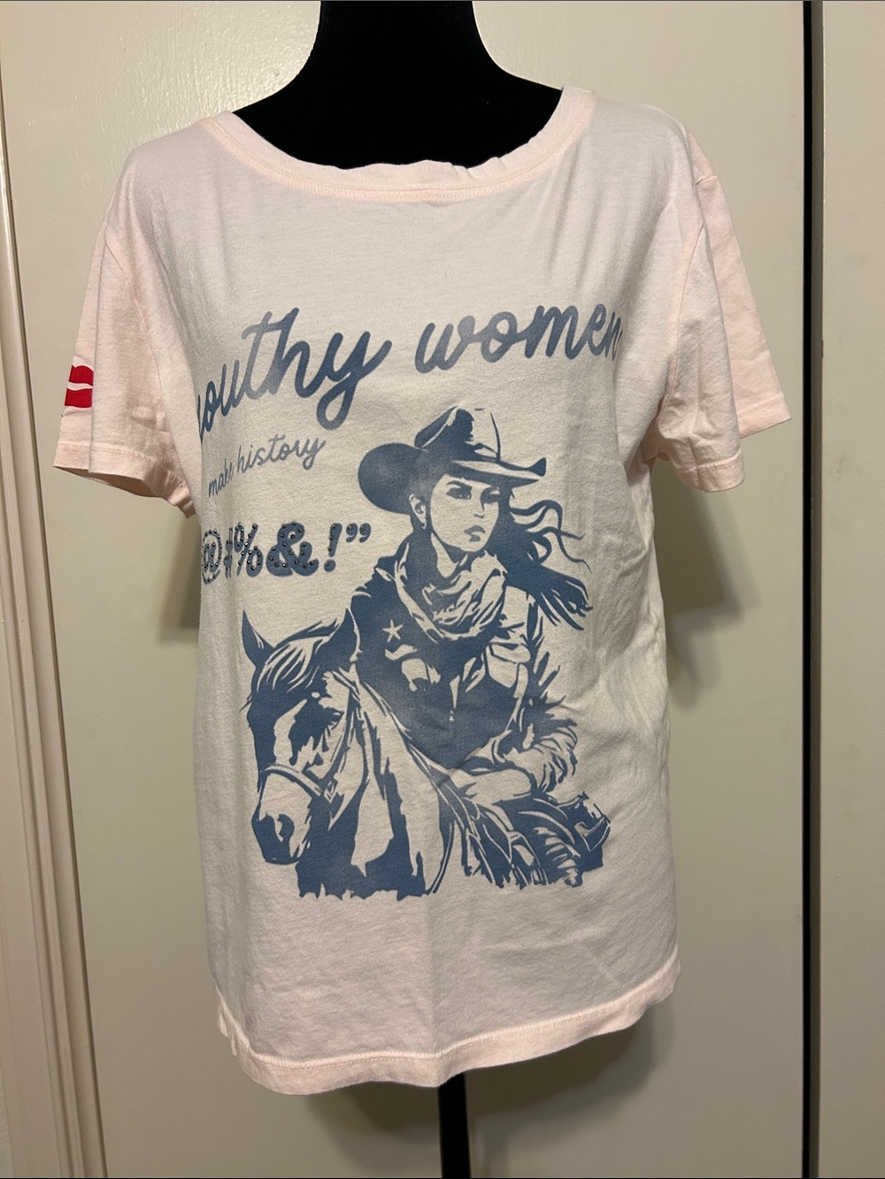 Light Pink Cowgirl Graphic Tee with Blue Print